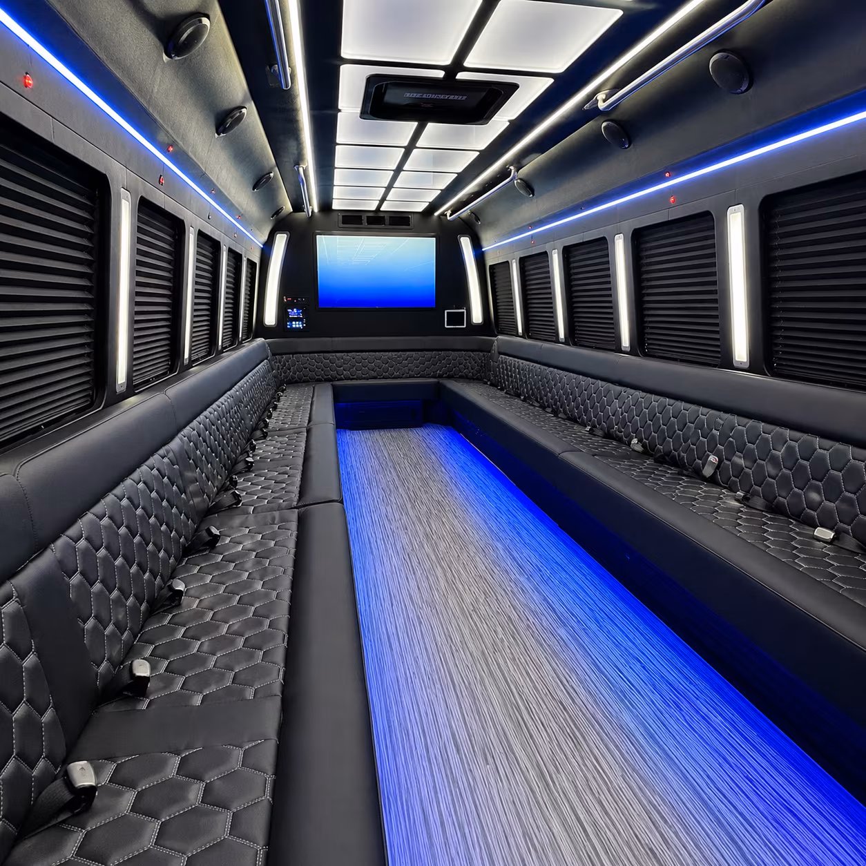 old bridge 50 passenger party bus inside